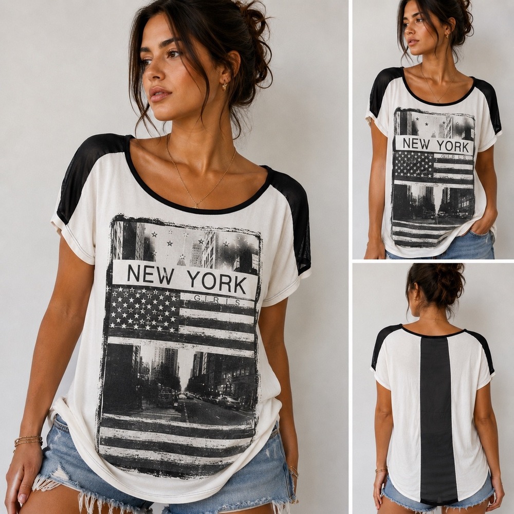 Andrea Missy New York‎ Graphic Tunic Top Womens Large Black White Mesh Back